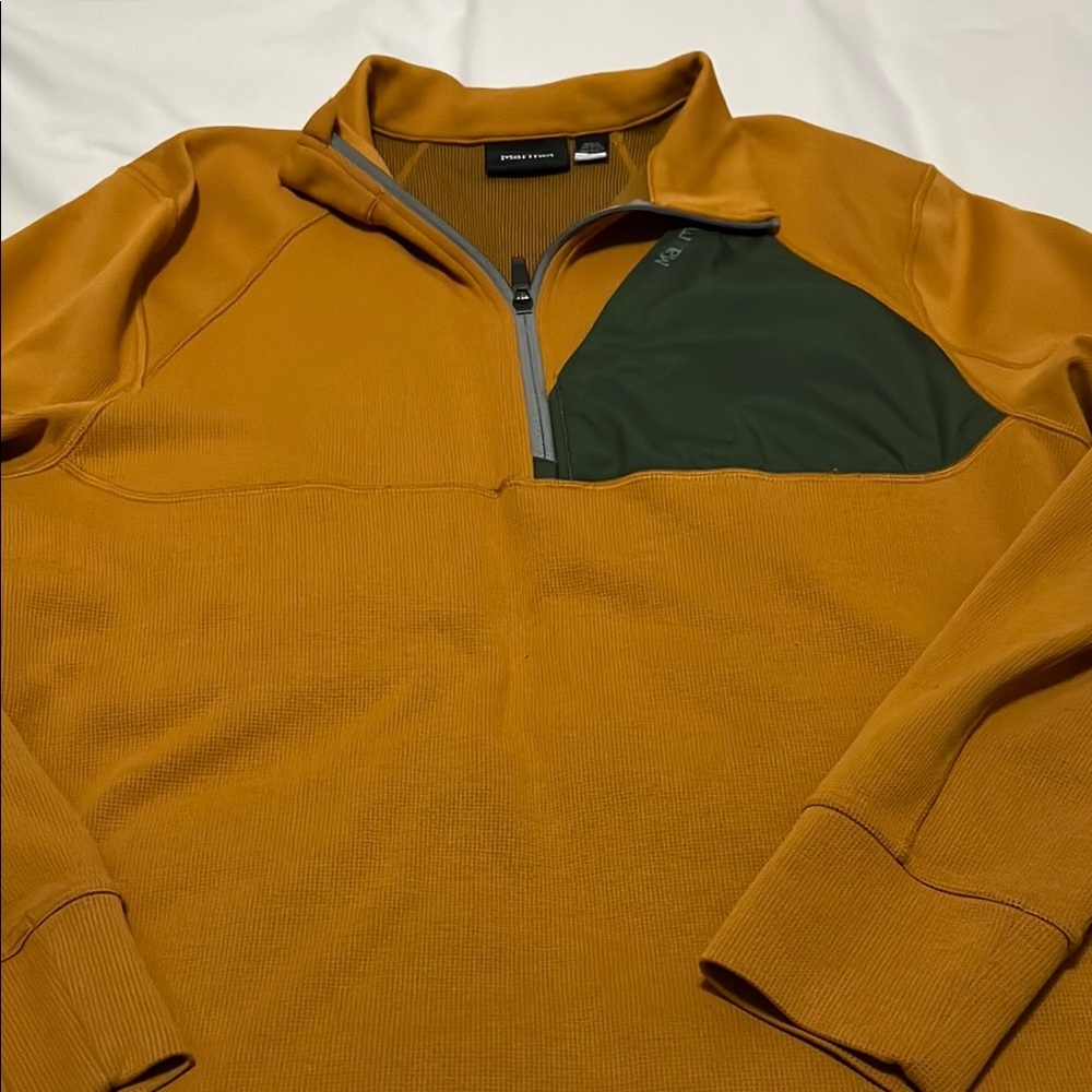 Marmot Mustard Pullover with Green Accent, Quarter zip men’s Large
